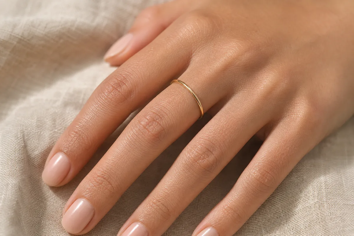 Bague fine portée au majeur d’une main féminine soignée