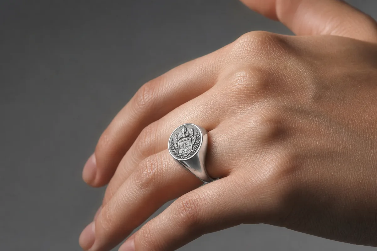 Chevalière gravée portée à l’auriculaire d’une main