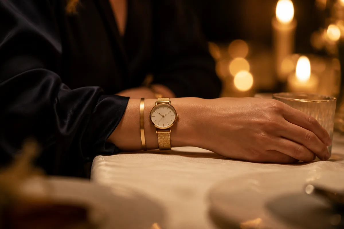 Poignet portant une montre fine et un bracelet jonc sous une manche de soirée