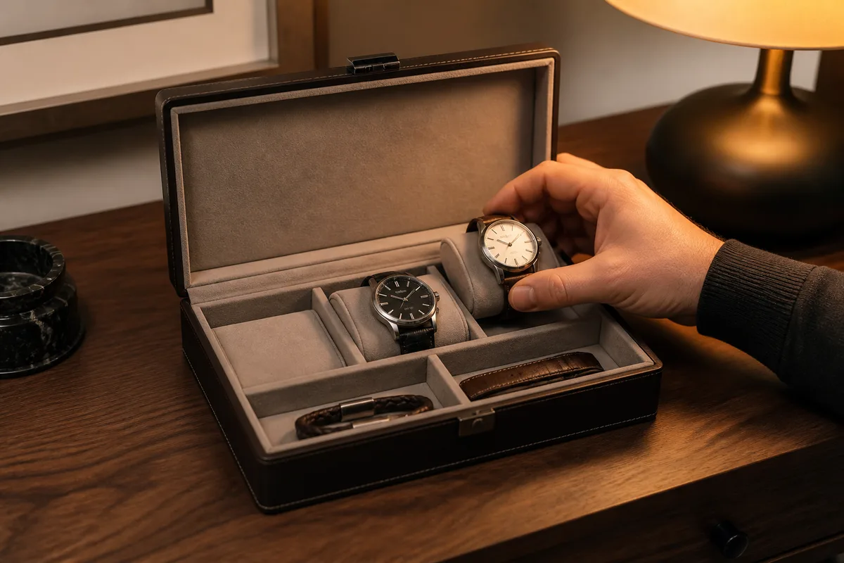 Boîte à montres ouverte sur une commode avec compartiments garnis
