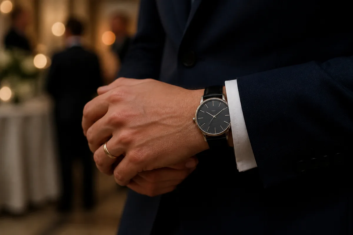 Poignet sortant d&rsquo;une manche de costume sombre avec une montre plate sur cuir