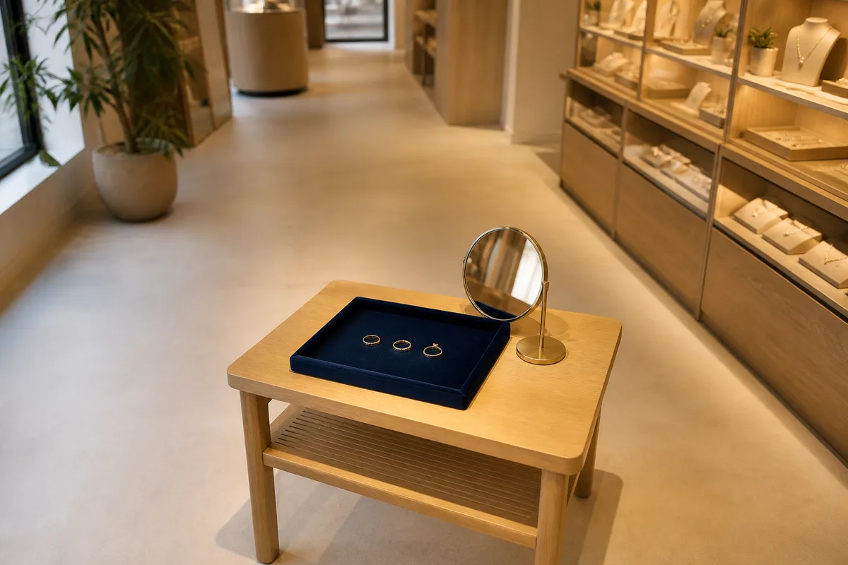Vue en plongée d’une allée de boutique avec table centrale basse et miroir sur pied