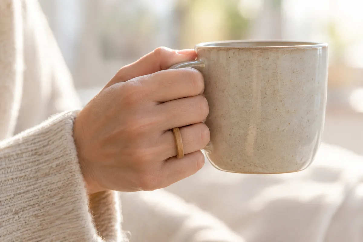 Main tenant une tasse, une fine bague en bois clair à l&rsquo;annulaire, lumière douce de fenêtre