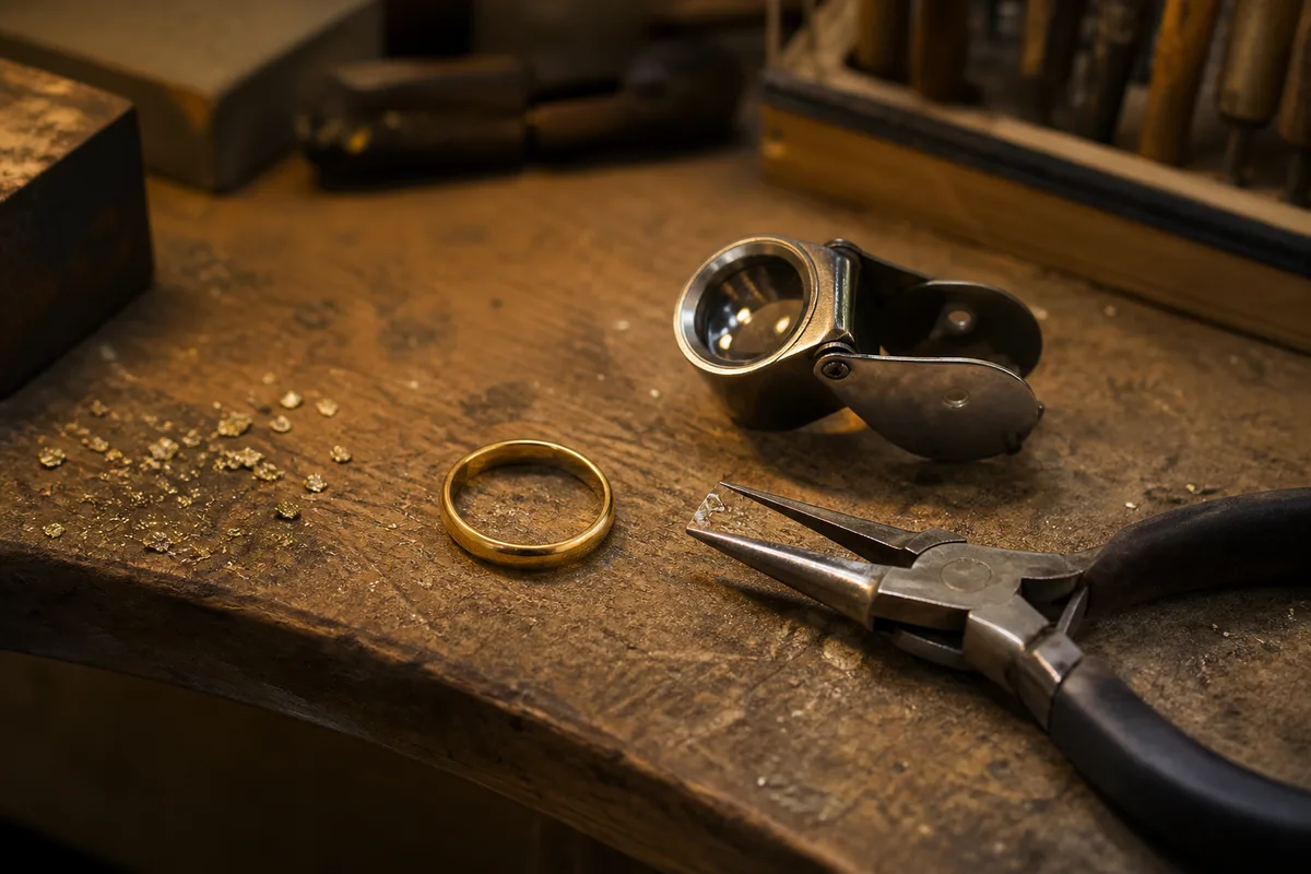 Bague dorée posée sur un plan de travail d’atelier près d’une loupe de bijoutier