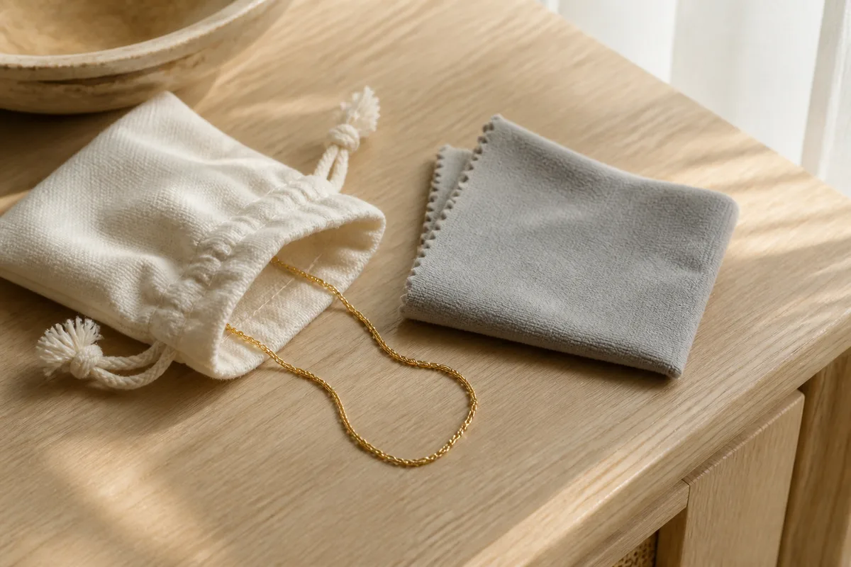 Collier fin doré rangé dans une pochette de tissu souple sur une commode claire