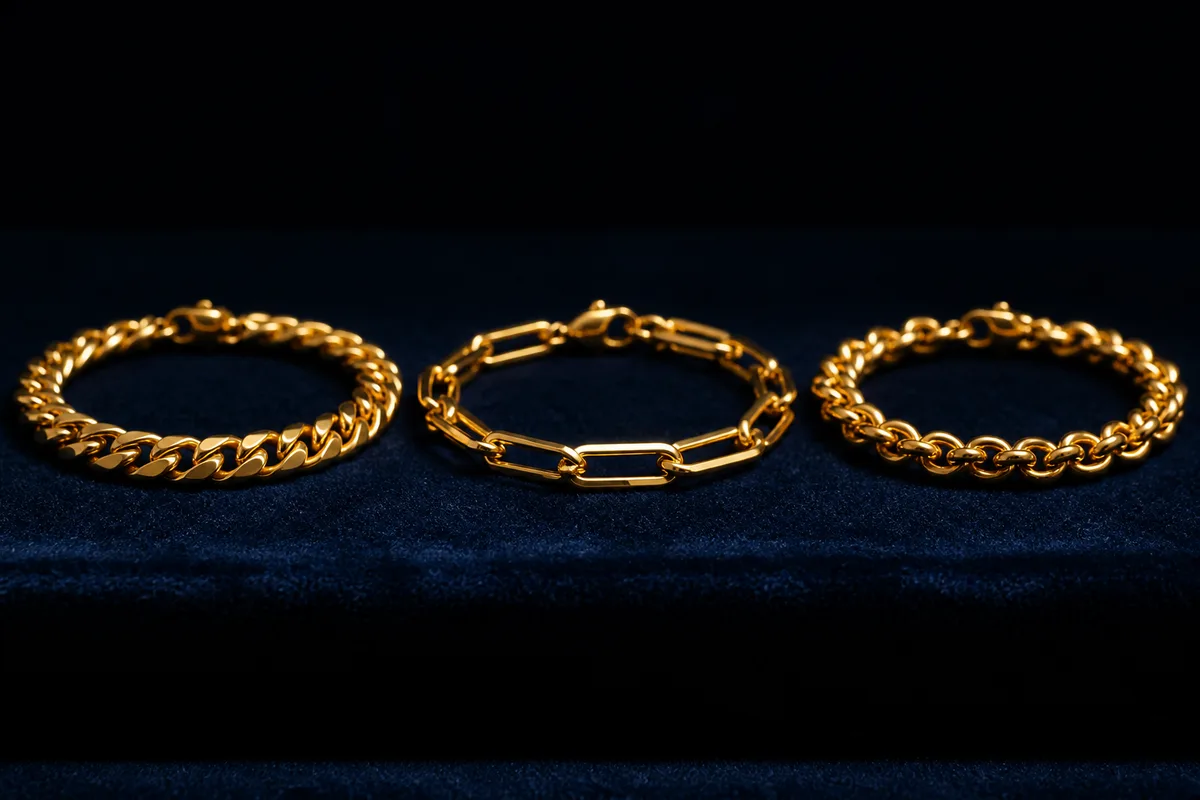 Trois bracelets dorés alignés sur un plateau de velours sombre sous une lumière rasante