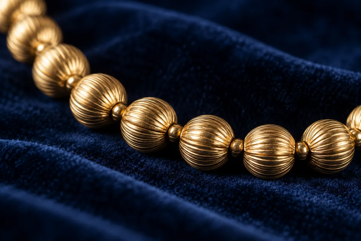 Gros plan sur un collier de grains d&rsquo;or striés enfilés sur une chaîne, posé sur un velours sombre