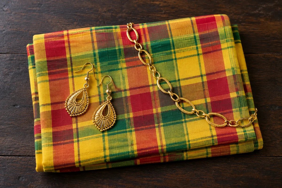 Tissu madras à carreaux plié, collier et boucles d&rsquo;oreilles dorées posés dessus
