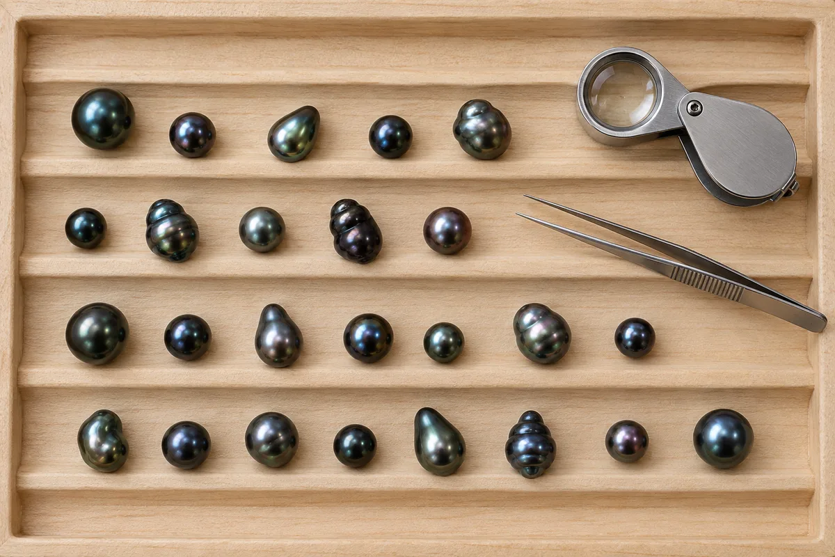 Perles de culture sombres alignées sur un plateau de tri en bois clair, loupe de bijoutier posée à côté
