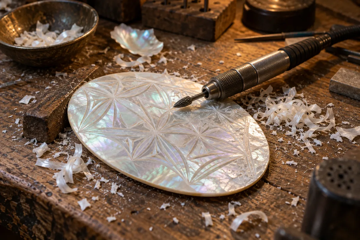 Plaque de nacre irisée en cours de gravure sur un établi, fraise et copeaux nacrés