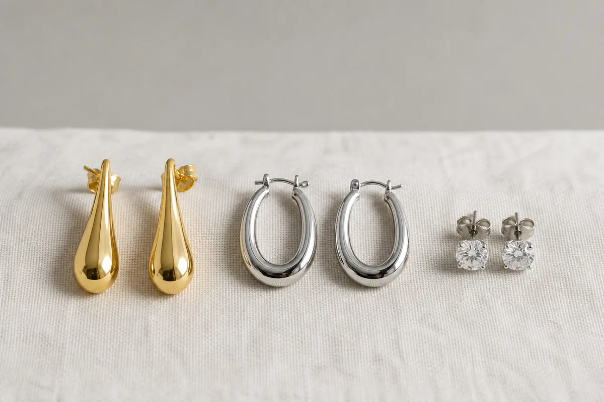 Trois paires de boucles d&rsquo;oreilles posées sur du lin clair : gouttes effilées, créoles ovales et puces rondes