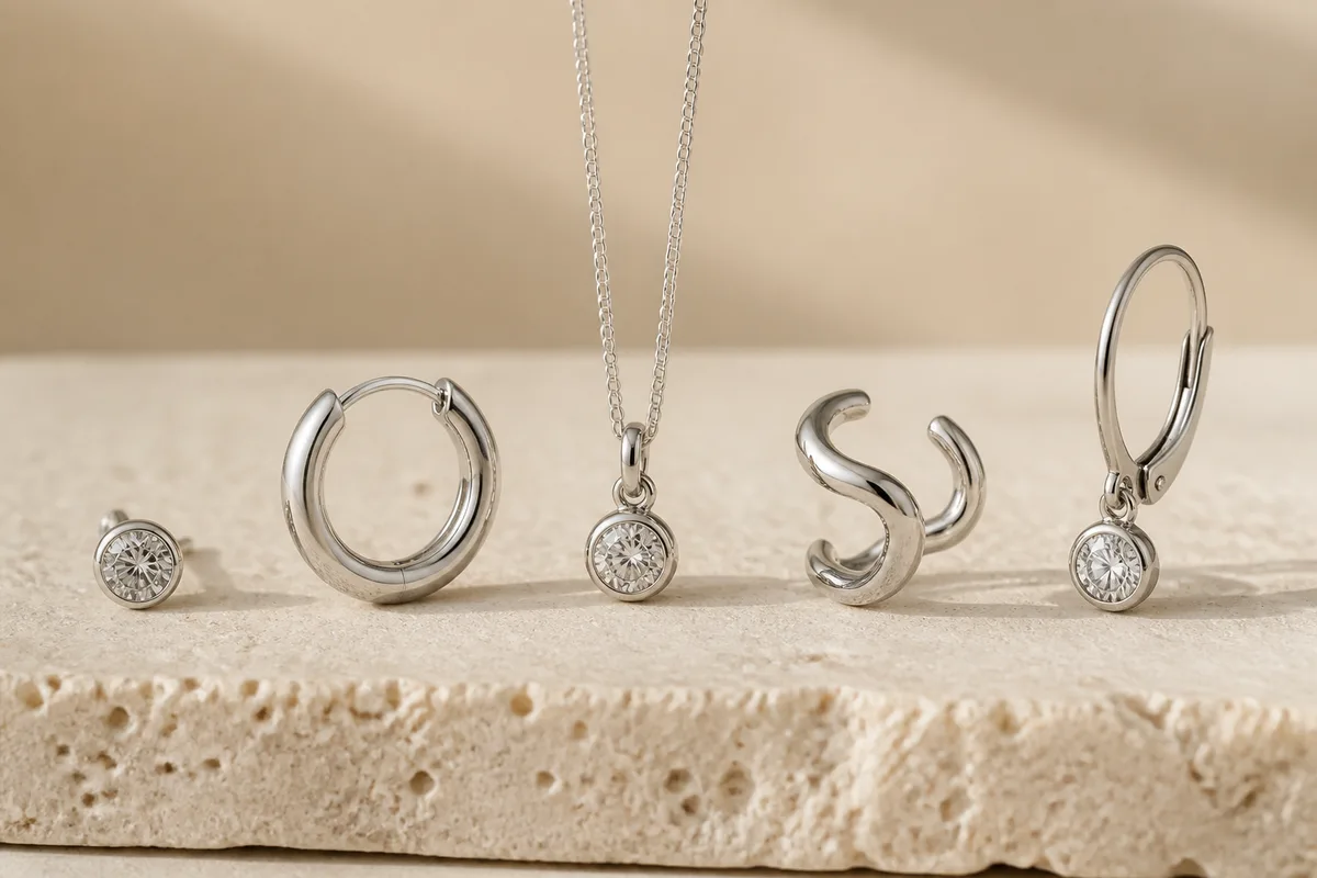 Cinq montures de boucles d&rsquo;oreilles alignées sur une pierre claire : puce, créole, pendant, ear cuff et dormeuse