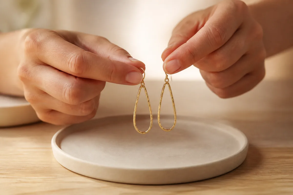 Mains tenant une paire de pendants fins au-dessus d&rsquo;un plateau en céramique mate