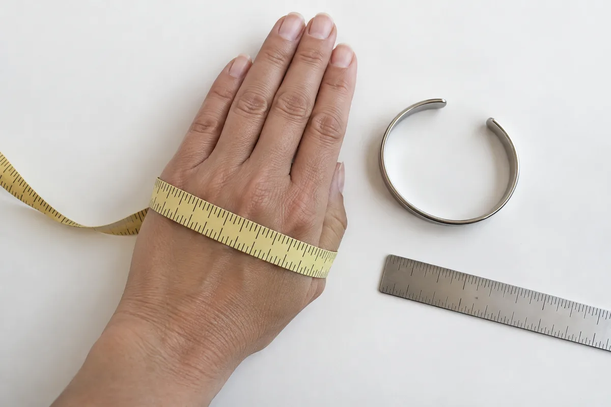 Mètre ruban de couturière enroulé autour d&rsquo;une main au pouce replié, bracelet jonc ouvert posé à plat sur la table