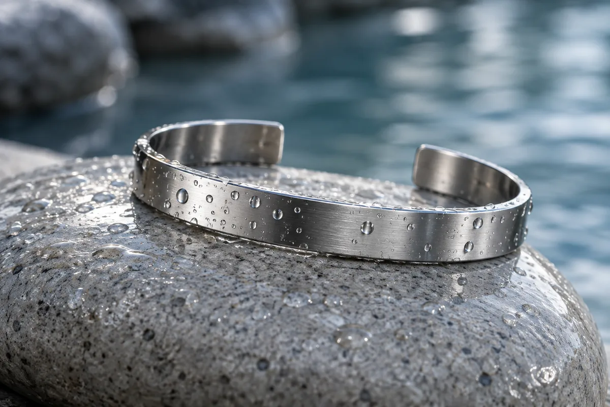 Gouttes d&rsquo;eau sur un bracelet jonc en acier brossé posé sur une pierre claire