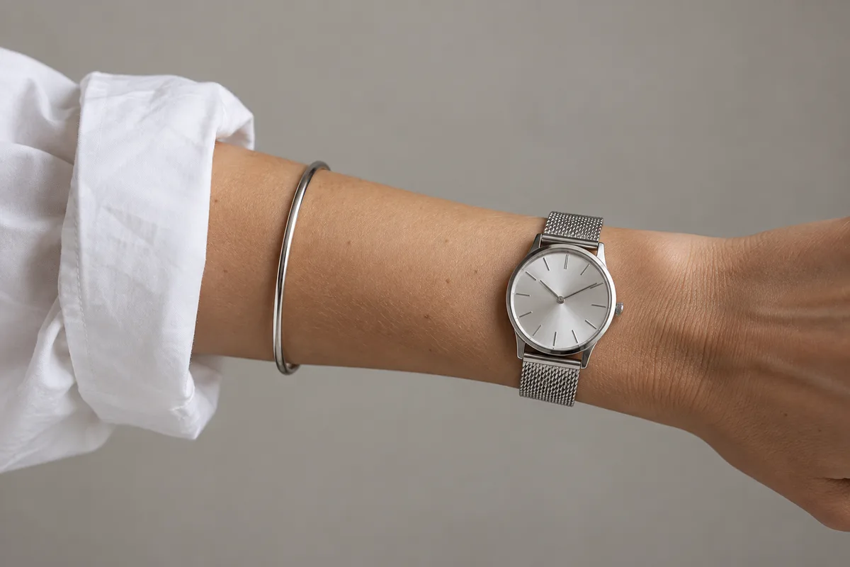 Poignet portant une montre et un bracelet jonc espacés, manche de chemise relevée