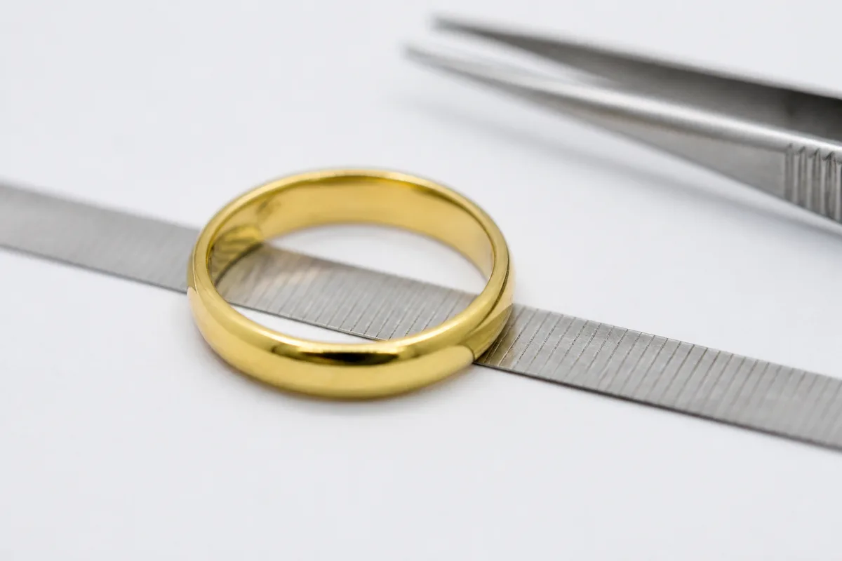 Réglet posé à l&rsquo;intérieur d&rsquo;un anneau doré pour lire le diamètre